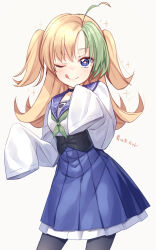 Rule 34 | 1girl, ahoge, blonde hair, blue eyes, green hair, highres, ina (inadahime), multicolored hair, one eye closed, pantyhose, school uniform, skirt, sleeves past wrists, solo, tongue, tongue out, two side up