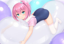 Rule 34 | 1girl, aqua eyes, ass, balloon, blue one-piece swimsuit, blush, cheek squash, commentary, cropped shirt, double horizontal stripe, hair ornament, no pants, no shoes, hugging object, one-piece swimsuit, one side up, original, pink hair, pink shirt, sailor collar, sasaame, shirt, single horizontal stripe, smile, solo, star (symbol), star hair ornament, swimsuit, swimsuit under clothes, symbol-only commentary, thighhighs, white sailor collar, white thighhighs