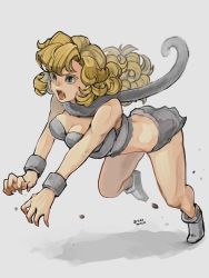 Rule 34 | 1girl, all fours, angry, ayla (chrono trigger), blonde hair, caveman, chrono trigger, claws, curly hair, fangs, full body, fur scarf, green eyes, highres, long hair, open mouth, scarf, simple background, solo, uzutanco, white background