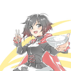 Rule 34 | 1girl, bowl, breasts, chopsticks, dress, fang, fang out, female focus, highres, iesupa, rice, rice bowl, ruby rose, rwby, solo, white background
