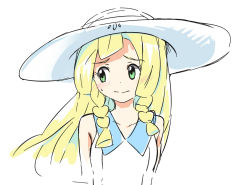 Rule 34 | 1girl, bare arms, blonde hair, blush, braid, closed mouth, collarbone, collared dress, commentary request, creatures (company), dress, game freak, green eyes, hat, lillie (pokemon), long hair, looking away, nagitaro, nintendo, pokemon, pokemon sm, raised eyebrows, sideways glance, simple background, sketch, sleeveless, sleeveless dress, solo, sun hat, sundress, sweatdrop, twin braids, upper body, white background, white dress, white hat