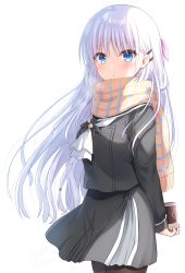 Rule 34 | 1girl, arms behind back, black jacket, black skirt, blue eyes, blush, brown pantyhose, brown scarf, can, closed mouth, commentary request, floating hair, fringe trim, hair between eyes, hair ornament, hairclip, highres, holding, holding can, jacket, long hair, looking at viewer, nakamura hinato, naruse shiroha, pantyhose, scarf, school uniform, serafuku, silver hair, simple background, skirt, solo, summer pockets, very long hair, white background