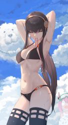 Rule 34 | 2girls, :o, absurdres, alternate hair length, alternate hairstyle, anya (spy x family), armpits, arms behind head, arms up, ball, bikini, black bikini, black hair, black thighhighs, blue sky, bond (spy x family), breasts, child, cleavage, closed eyes, cloud, contrapposto, cowboy shot, earrings, flower, gold earrings, gold hairband, gwan-e, hair flower, hair ornament, hair tie in mouth, hairband, highres, holding, holding ball, jewelry, long hair, looking at another, medium breasts, mother and daughter, mouth hold, multiple girls, navel, open mouth, peanut, pink hair, ponytail, revision, rose, sidelocks, sky, snorkel, solo focus, spy x family, stomach, swimsuit, thighhighs, thighs, underboob, very long hair, wet, wide-eyed, yor briar