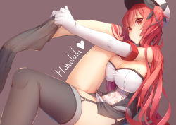 Rule 34 | 1girl, azur lane, black thighhighs, blush, breasts, brown background, character name, cleavage, feet, gloves, heart, highres, honolulu (azur lane), large breasts, long hair, looking at viewer, no shoes, parted lips, red eyes, red hair, simple background, solo, tatapopo, thighhighs, twintails