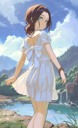 Rule 34 | 1girl, aqua eyes, ass, blue sky, bracelet, brown hair, cloud, day, dress, forest, highres, jewelry, looking at viewer, looking back, mountainous horizon, nature, original, outdoors, panties, river, see-through, see-through dress, short hair, sky, smile, solo, timbougami, underwear, water, white dress, white panties