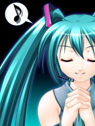 Rule 34 | 1girl, aqua hair, bare shoulders, closed eyes, gradient background, hatsune miku, ketushi, microphone, music, musical note, own hands clasped, own hands together, simple background, smile, solo, speech bubble, spoken musical note, twintails, vocaloid
