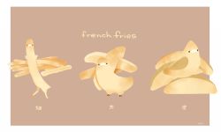 Rule 34 | animal, bird, chai (drawingchisanne), commentary request, english text, food, food focus, french fries, looking at viewer, no humans, on food, original, signature, simple background, translation request, undersized animal