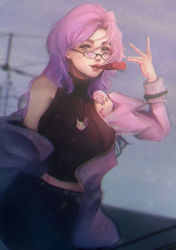 Rule 34 | 1girl, black pants, black sweater, blue eyes, blurry, blurry background, commentary, english commentary, glasses, highres, in mouth, instrument, jacket, kazoo, looking at viewer, mamavale, off shoulder, pants, pink jacket, purple hair, sleeveless, sleeveless sweater, solo, sweater, taku artworks, turtleneck, turtleneck sweater, v, virtual youtuber, vshojo