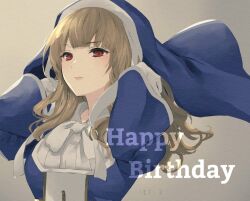 Rule 34 | 1girl, artist name, assault lily, blue dress, blue headwear, bow, bowtie, brown background, closed mouth, commentary, dress, floating hair, gloves, gradient background, hands up, happy birthday, hotaru (ultraroly poly), light brown hair, long hair, long sleeves, looking at viewer, nun, red eyes, solo, toride suzanne reika, upper body, v-shaped eyebrows, veil, wavy hair, white bow, white bowtie, white gloves, wide sleeves