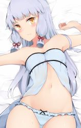 Rule 34 | 10s, 1girl, alternate costume, armpits, babydoll, bare arms, bare shoulders, blunt bangs, blush, breasts, cleavage, cole (coleltu), collarbone, cowboy shot, frilled panties, frills, furrowed brow, hair ribbon, head tilt, kantai collection, lingerie, looking at viewer, lying, murakumo (kancolle), navel, on back, panties, ribbon, sidelocks, silver hair, small breasts, solo, stomach, sweat, tress ribbon, underwear, underwear only