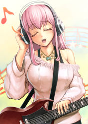 Rule 34 | 1girl, blush, breasts, electric guitar, closed eyes, guitar, headphones, instrument, kazan002, large breasts, long hair, musical note, nitroplus, off shoulder, open mouth, pink hair, solo, super sonico