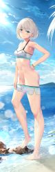 Rule 34 | 1girl, bare shoulders, beach, blue eyes, blue sky, blush, breasts, clothes pull, collarbone, dolphin shorts, full body, grey hair, highres, homu (seven deadly sins), idolmaster, idolmaster shiny colors, looking at viewer, navel, no panties, ocean, serizawa asahi, shore, short hair, short shorts, shorts, shorts pull, sky, small breasts, smile, solo, white shorts