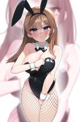 Rule 34 | 1girl, :t, animal ears, black bow, black bowtie, black leotard, blue eyes, bow, bowtie, breasts, brown eyes, cleavage, commentary request, covering privates, covering crotch, cowboy shot, detached collar, eliteneet, embarrassed, fishnet pantyhose, fishnets, highres, large breasts, leotard, long hair, looking at viewer, original, pantyhose, playboy bunny, pout, rabbit ears, solo, wrist cuffs, zoom layer