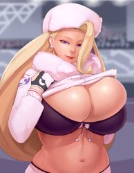 Rule 34 | 1girl, black bra, blonde hair, blurry, blurry background, bra, breasts, cleavage, closed mouth, clothes lift, coat, creatures (company), curvy, earrings, fur coat, fur collar, fur hat, game freak, gloves, gym leader, hat, highres, huge breasts, jewelry, long hair, materclaws, mature female, melony (pokemon), navel, nintendo, partially fingerless gloves, pokemon, pokemon swsh, purple eyes, red lips, shirt lift, skindentation, smile, solo, sweater, underwear, ushanka, veins, veiny breasts, white sweater