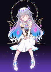 Rule 34 | 1girl, absurdres, akitsu mikami, chest jewel, closed eyes, closed mouth, collar, colored inner hair, detached collar, dress, grey hair, hair flaps, highres, hololive, hololive english, jewel under eye, koseki bijou, koseki bijou (1st costume), long hair, multicolored hair, purple hair, smile, solo, virtual youtuber, white collar, white dress, wings