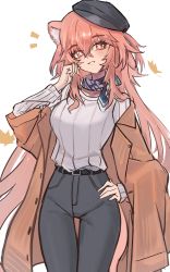 Rule 34 | 1girl, alternate costume, animal ear fluff, animal ears, arknights, autumn leaves, belt, black headwear, black pants, blush, bright pupils, brown coat, casual, coat, cowboy shot, falling leaves, gravel (arknights), hair between eyes, hand up, head tilt, highres, leaf, long hair, long sleeves, looking at viewer, off shoulder, open clothes, open coat, orange eyes, pants, parted lips, pink hair, shino duka, smile, solo, sweater, thigh gap, tilted headwear, very long hair, white sweater