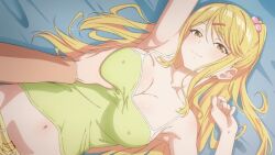 1boy 1girl bed blonde_hair breasts camisole class_no_daikirai_na_joshi_to_kekkon_suru_koto_ni_natta. closed_mouth collarbone covered_erect_nipples grabbing_another&#039;s_breast green_camisole groping hair_ornament hairclip hetero houjou_saito ishikura_himari keihh large_breasts lying navel no_bra on_back on_bed ponytail shorts sidelocks smile stomach yellow_eyes