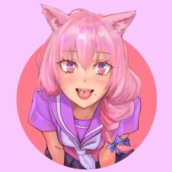 Rule 34 | 1girl, animal ears, braid, cat ears, copyright request, fangs, hair over shoulder, heart, heart-shaped pupils, kilye kairi, leaning forward, long hair, looking at viewer, mole, mole under mouth, pink eyes, pink hair, pleated skirt, purple background, purple eyes, purple serafuku, purple shirt, school uniform, serafuku, shirt, skirt, smile, solo, symbol-shaped pupils, tongue, tongue out, upper body, virtual youtuber