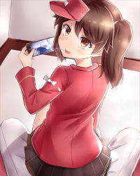 Rule 34 | 10s, 1girl, admiral (kancolle), blush, brown eyes, brown hair, cellphone, commentary request, eyebrows, from behind, highres, holding, holding phone, japanese clothes, kantai collection, kariginu, long sleeves, looking at viewer, looking back, mouth hold, neit ni sei, open mouth, pants, phone, pleated skirt, pov, ryuujou (kancolle), sitting, sitting on lap, sitting on person, skirt, smartphone, smile, solo focus, twintails, visor cap