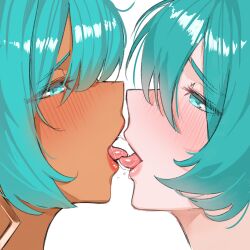 2girls aqua_hair argentinian_miku blush brazil brazilian_miku close-up couple dark-skinned_female dark_skin earrings eyelashes french_kiss hair_between_eyes hatsune_miku highres jewelry kiss lips long_hair looking_at_another multiple_girls nean_black open_mouth portrait saliva saliva_trail selfcest simple_background tongue tongue_out upper_body vocaloid white_background yuri