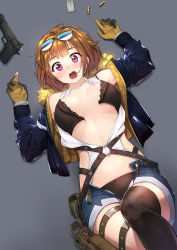 Rule 34 | .50 action-express, 1girl, absurdres, action arms, ammunition, anti-materiel cartridge, bare shoulders, blouse, blue jacket, blue shorts, blunt bangs, blush, bra, breasts, brown bra, brown gloves, brown hair, brown panties, bullet, commentary request, commercial cartridge, cowboy shot, eyewear on head, fpanda, full-power cartridge, fur trim, girls&#039; frontline, gloves, grey background, grizzly mkv (girls&#039; frontline), gun, handgun, handgun cartridge, highres, holster, jacket, knee up, l.a.r. manufacturing, lar grizzly win mag, legband, looking at viewer, lying, magnum cartridge, medium breasts, o-ring, on back, open bra, open clothes, open mouth, open shirt, panties, pistol, pistol cartridge, purple eyes, shirt, short hair, shorts, simple background, solo, sunglasses, thigh strap, thighhighs, torn clothes, underwear, weapon, white shirt
