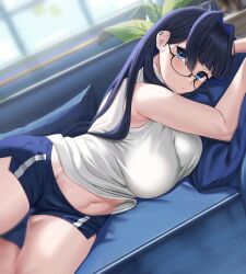 Rule 34 | 1girl, armpits, blue eyes, blue hair, blush, breasts, casual, couch, cushion, dolphin shorts, earrings, glasses, hair intakes, highres, hololive, hololive english, jewelry, large breasts, long hair, looking at viewer, lying, midriff, moisture (chichi), navel, official alternate costume, ouro kronii, plant, potted plant, shirt, shorts, sleeveless, sleeveless shirt, solo, thick thighs, thighs, virtual youtuber, window