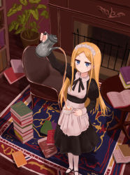 Rule 34 | 1girl, :/, apron, arm up, black footwear, black ribbon, blonde hair, blue eyes, blush, book, book stack, bookshelf, chair, closed mouth, cup, dress, fireplace, from above, holding, indoors, jitome, juliet sleeves, kawazu kento, long hair, long sleeves, maid, maid headdress, mary janes, neck ribbon, open book, original, parted bangs, plant, potted plant, pouring, puffy sleeves, ribbon, rug, shoes, sidelocks, solo, standing, table, teacup, teapot, waist apron, white legwear, wing collar, wooden floor, wrist cuffs