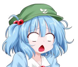 Rule 34 | 1girl, arc system works, blank eyes, blue hair, chestnut mouth, collarbone, dress, elphelt valentine, guilty gear, guilty gear xrd, hat, kanchou, kawashiro nitori, oden (th-inaba), open mouth, parody, shirt, short hair, short twintails, simple background, solo, style parody, surprised, touhou, twintails, two side up, upper body, white background, wide-eyed