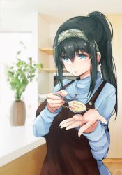 Rule 34 | 10s, 1girl, alternate hairstyle, apron, black hair, blue eyes, blue sweater, breasts, closed mouth, commentary request, food, hair between eyes, hairband, highres, holding, holding spoon, idolmaster, idolmaster cinderella girls, incoming food, indoors, large breasts, long hair, looking at viewer, plant, ponytail, potted plant, ryuu., sagisawa fumika, sidelocks, smile, solo, soup, spoon, sweater, turtleneck, turtleneck sweater, upper body, vase