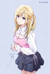 Rule 34 | 1girl, belt, black skirt, blonde hair, breasts, camisole, cleavage, closed mouth, collared shirt, dated, highres, leaning forward, long hair, long sleeves, looking at viewer, nii manabu, original, pink camisole, pink eyes, pleated skirt, shirt, side ponytail, signature, skirt, small breasts, smile, solo, standing, white shirt