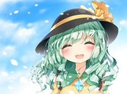 Rule 34 | 1girl, anzu ame, blue sky, blush, bow, cloud, day, closed eyes, green hair, hat, hat bow, komeiji koishi, long hair, open mouth, petals, shirt, silver hair, sky, smile, solo, touhou, upper body