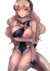 Rule 34 | 1girl, armor, black gloves, black hairband, breasts, breasts out, corrin (female) (fire emblem), corrin (fire emblem), dragon tail, fire emblem, fire emblem fates, gloves, hairband, highres, jtaka, large breasts, long hair, nintendo, nipples, open mouth, pointy ears, red eyes, simple background, solo, tail, white background, white hair