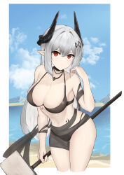 Rule 34 | 1girl, absurdres, arknights, bare arms, bare shoulders, beach, bikini, black bikini, black choker, blue sky, breasts, choker, cleavage, cloud, commentary, cropped legs, day, grey hair, hair between eyes, hammer, highres, holding, holding hammer, holding weapon, horns, large breasts, long hair, looking at viewer, mudrock (arknights), mudrock (silent night) (arknights), navel, ocean, official alternate costume, outdoors, pointy ears, red eyes, sarea (sarea2020), sky, solo, standing, stomach, swimsuit, thighs, very long hair, water, weapon