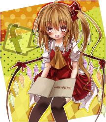 Rule 34 | 1girl, ahoge, ascot, bad id, bad pixiv id, black thighhighs, blonde hair, blush, book, colorized, female focus, flandre scarlet, flower, hair ornament, hair ribbon, harachi mei, highres, long hair, nanase nao, open mouth, puffy sleeves, red eyes, ribbon, short hair, short sleeves, side ponytail, solo, thighhighs, touhou, wings, zettai ryouiki