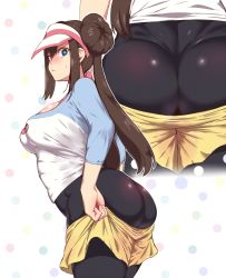 Rule 34 | 1girl, absurdres, ass, ass focus, black pantyhose, blue eyes, bow, breasts, brown hair, cameltoe, creatures (company), double bun, from behind, game freak, hair bun, highres, huge ass, long hair, looking back, medium breasts, multiple views, nintendo, ooyun, pantyhose, pantyhose under shorts, pink bow, pokemon, pokemon bw2, rosa (pokemon), shiny clothes, shiny skin, short shorts, shorts, standing, twintails, very long hair, visor cap, yellow shorts