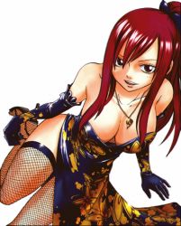 Rule 34 | 00s, 1girl, alternate costume, bare shoulders, blue dress, blue gloves, bow, breasts, brown eyes, china dress, chinese clothes, cleavage, collarbone, dress, elbow gloves, erza scarlet, facing viewer, fairy tail, fishnet thighhighs, fishnets, gloves, hair bow, hair ornament, hair ribbon, hair tie, happy, high heels, high ponytail, jewelry, large breasts, leg up, long hair, looking at viewer, lowres, mashima hiro, multicolored clothes, multicolored dress, multicolored gloves, necklace, no bra, open mouth, ponytail, red hair, ribbon, shoes, smile, solo, strapless, strapless dress, teeth, thighhighs, tongue, transparent, transparent background, white background, yellow dress, yellow gloves