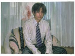 Rule 34 | 1boy, 1girl, black hair, chair, closed mouth, curtains, framed, highres, indoors, long hair, looking at viewer, looking outside, necktie, neckwear request, original, painterly, pink hair, purple eyes, qunqing123, sitting, solo focus, striped neckwear