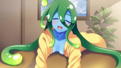 Rule 34 | 1girl, ahoge, artist request, blue skin, blush, breasts, colored skin, couch, closed eyes, game cg, green eyes, green hair, indoors, leaning forward, long hair, monster girl, monster musume no iru nichijou, monster musume no iru nichijou online, naked raincoat, official art, open mouth, plant, raincoat, slime girl, small breasts, solo, suu (monster musume), tentacle hair, very long hair, yellow raincoat