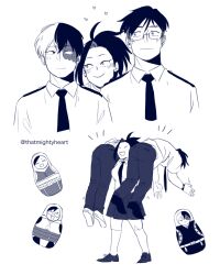 Rule 34 | 1girl, 2boys, blush, boku no hero academia, breasts, burn scar, carrying, carrying over shoulder, character doll, closed mouth, collared shirt, commentary, dress, english commentary, full body, glasses, greyscale, heart, highres, iida tenya, kneehighs, long hair, long sleeves, looking at another, matryoshka doll, medium breasts, monochrome, multicolored hair, multiple boys, open mouth, pants, pleated dress, ponytail, scar, scar on face, shirt, short hair, simple background, socks, split-color hair, thatmightyheart, todoroki shouto, two-tone hair, upper body, white background, yaoyorozu momo
