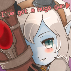 Rule 34 | 1girl, blue eyes, blue skin, colored skin, gloves, goggles, goggles on head, gun, heart, league of legends, looking at viewer, pointy ears, short hair, solo, stchi, stchi.wong, tristana, weapon, white hair, yordle