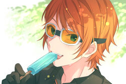 Rule 34 | 1boy, billy wise, black gloves, blue eyes, blush, close-up, commentary request, food, food in mouth, gloves, goggles, hand up, helios rising heroes, highres, holding, holding food, holding popsicle, looking at viewer, male focus, open mouth, orange hair, partial commentary, popsicle, popsicle in mouth, sekina, short hair, solo, sweat, teeth