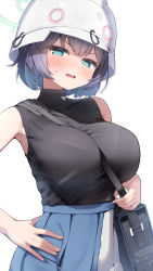 Rule 34 | 1girl, bag, between breasts, black hair, black shirt, blue archive, blue eyes, blush, breasts, combat helmet, hand on own hip, hat, helmet, large breasts, open mouth, saki (blue archive), shirt, sleeveless, sleeveless shirt, solo, strap between breasts, ushimittsu, white background, white hat