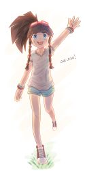 Rule 34 | 1girl, alluka zoldyck, arm up, blunt bangs, bracelet, braid, brown hair, full body, goggles, goggles on head, grass, highres, hunter x hunter, jewelry, male focus, open mouth, ponytail, shirt, shoes, short shorts, shorts, side braid, smile, sneakers, solo, t-shirt, twin braids, waving, yoyochaan