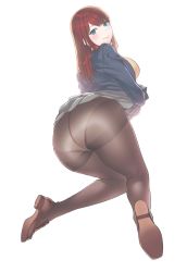 Rule 34 | absurdres, aqua eyes, ass, blue eyes, breasts, brown pantyhose, closed mouth, clothes lift, crotch seam, from behind, full body, highres, kneeling, knees together feet apart, large breasts, loafers, long hair, looking back, musha sabu, original, panties, panties under pantyhose, pantyhose, red hair, shoes, simple background, skirt, skirt lift, smile, solo, thighband pantyhose, underwear, white background
