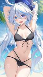Rule 34 | 1girl, ahoge, alternate costume, ascot, beach, bikini, black ascot, black bikini, blue eyes, blue gemstone, blue hair, blue hat, blush, breasts, cleavage, commentary request, cowlick, day, drop-shaped pupils, front-tie bikini top, front-tie top, furina (genshin impact), gem, genshin impact, hair between eyes, hat, heterochromia, highres, light blue hair, long hair, looking at viewer, mismatched pupils, multicolored hair, navel, nyuu (pixiv12143565), ocean, open mouth, ponytail, small breasts, smile, solo, streaked hair, swimsuit, symbol-shaped pupils, top hat, twintails, white hair