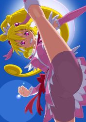 Rule 34 | 1girl, aida mana, bike shorts, blonde hair, blue background, bow, brooch, clenched teeth, cure heart, dokidoki! precure, galaxea, hair ornament, heart, heart brooch, heart hair ornament, highres, leg up, long hair, looking at viewer, magical girl, pink bow, pink eyes, ponytail, precure, smile, solo, teeth