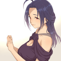 Rule 34 | 1girl, ahoge, alternate hair length, alternate hairstyle, breasts, chiaki rakutarou, cleavage, cleavage cutout, clothing cutout, highres, idolmaster, idolmaster (classic), large breasts, looking down, medium hair, miura azusa, own hands together, parted bangs, portrait, purple sweater, red eyes, shoulder cutout, smile, solo, sweater, white background