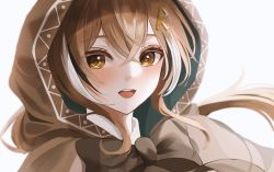 Rule 34 | 1girl, :d, blush, brown eyes, brown hair, capelet, collared shirt, feathers, hair ornament, highres, hololive, hololive english, hood, kim leeyoon, multicolored hair, nanashi mumei, open mouth, ponytail, ribbon, shirt, smile, solo, streaked hair, virtual youtuber, white background