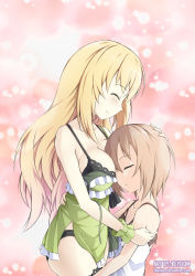 Rule 34 | 2girls, artist name, bad id, bad pixiv id, bare shoulders, between breasts, blanc (neptunia), blonde hair, blush, breasts, brown hair, closed eyes, closed mouth, commentary, cowboy shot, deviantart username, dress, english commentary, female focus, flat chest, hair between eyes, hand on another&#039;s head, head between breasts, keyliom, large breasts, long hair, multiple girls, neptune (series), no headwear, official alternate costume, pajamas, short hair, sleeping, smile, standing, vert (neptunia), white dress, yuri