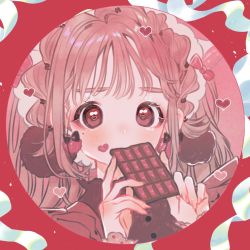 Rule 34 | 1girl, blush, bow, braid, brown eyes, brown hair, candy, chocolate, chocolate bar, circle, commentary request, earrings, eating, eyeshadow, food, hairband, heart, heart-shaped pupils, holding, holding chocolate, holding food, jewelry, long hair, looking at viewer, makeup, mole, mole under eye, mouth hold, nanakami mana, original, pom pom (clothes), pom pom earrings, red bow, solo, symbol-shaped pupils, upper body